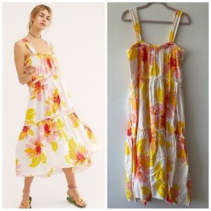 NWT Free People Moonshine Yellow and Orange Ruffled Tiered Midi Sundress